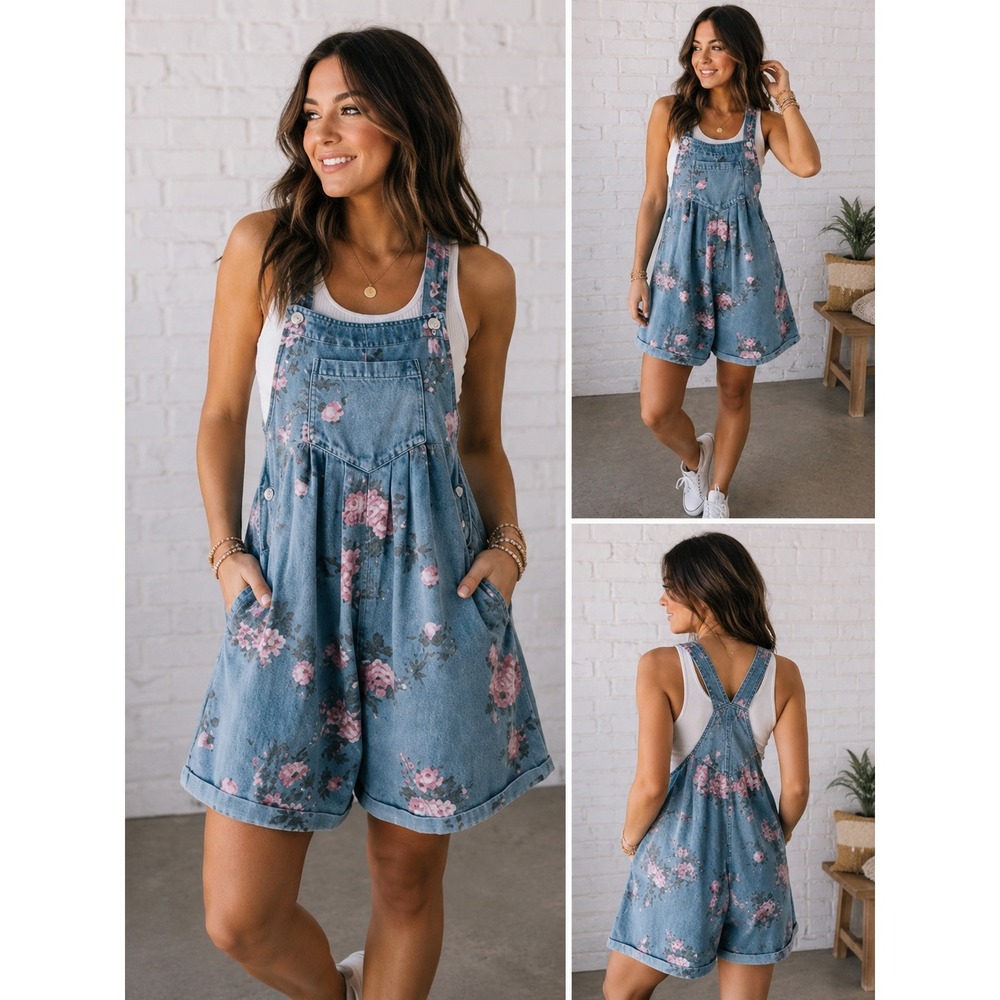 BiB! Shortalls Floral Blue Pink Denim Rose Print Cottagecore Medium NWOT